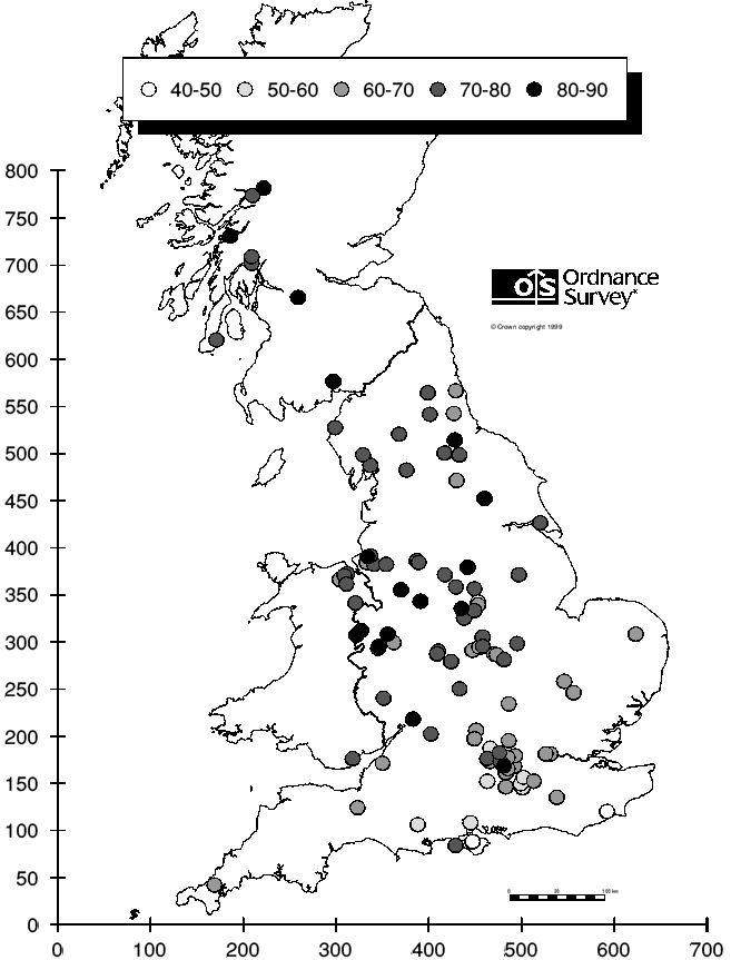 Geographic spread of brick thickness